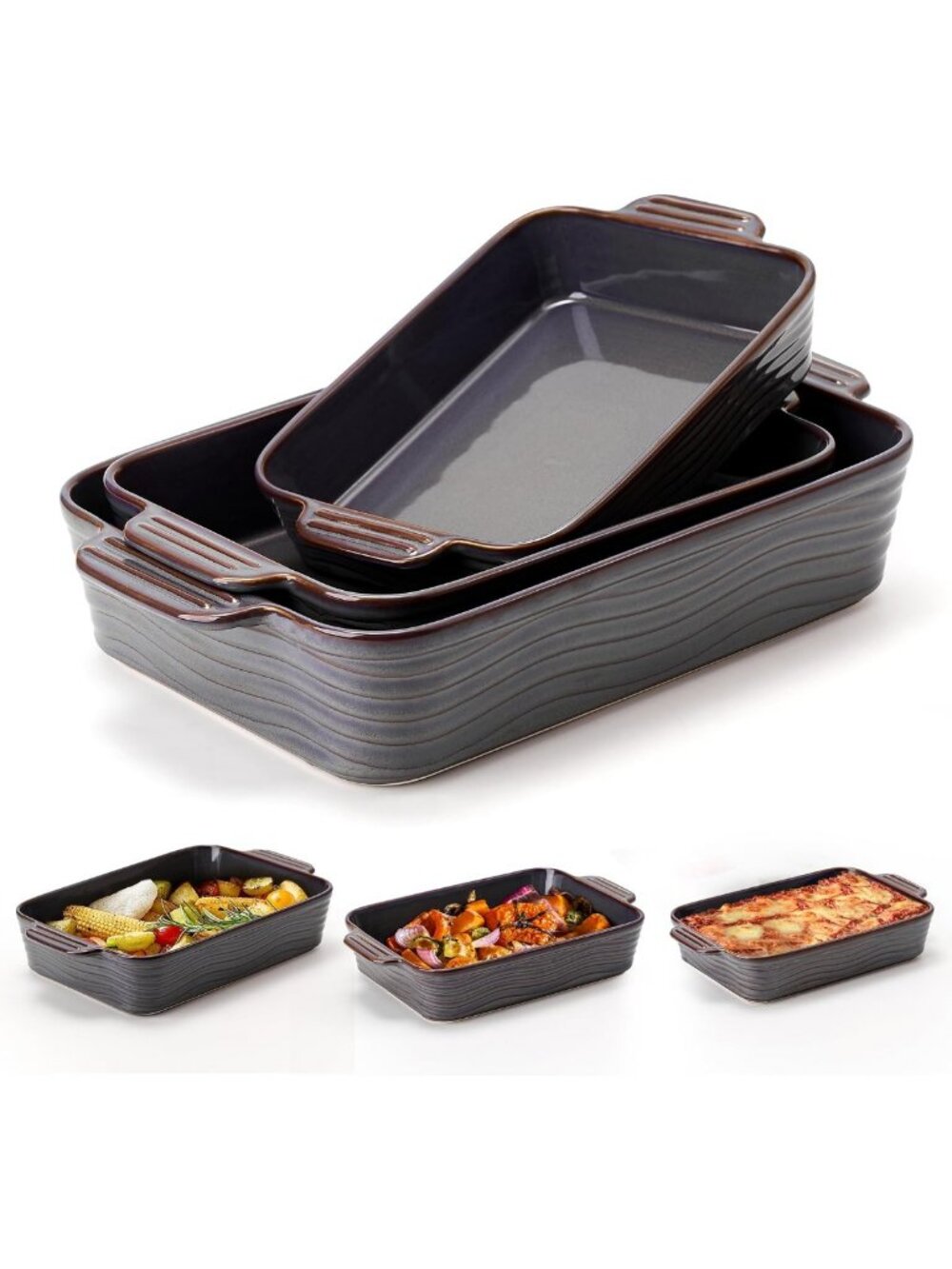 Set of 3 Ceramic Baking Dishes, Square Porcelain Casserole Bakeware with
